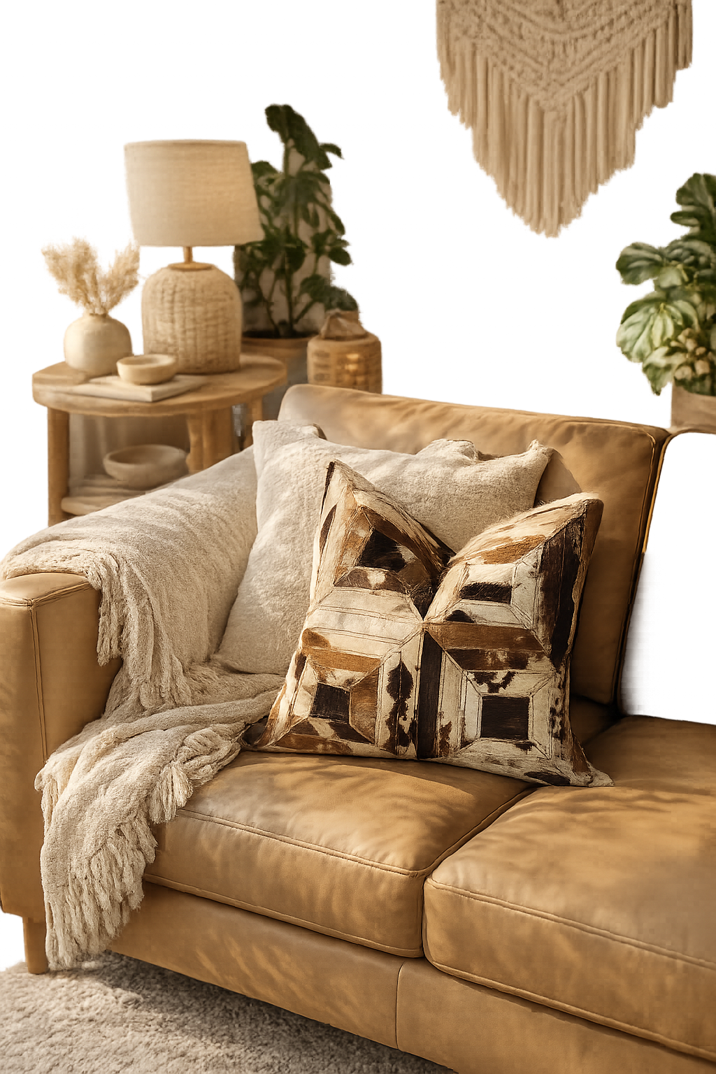 Handmade cowhide patchwork cushion cover on beige sofa