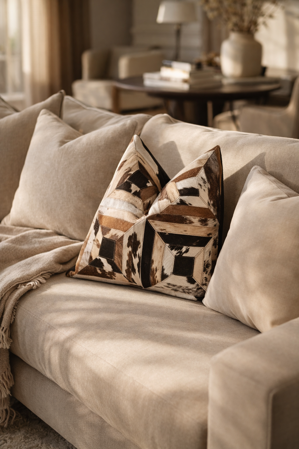 Rustic boho cowhide statement pillow styling