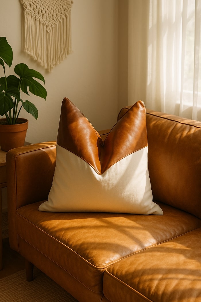 Front view of Mel Leather Co tan leather and canvas cushion cover – handmade boho farmhouse pillow.