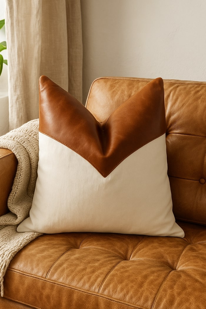 Handcrafted tan leather & canvas pillow cover styled on a farmhouse sofa – Mel Leather Co.