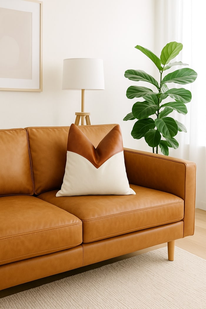 Close-up of tan leather detailing on handmade canvas cushion cover – rustic boho décor.