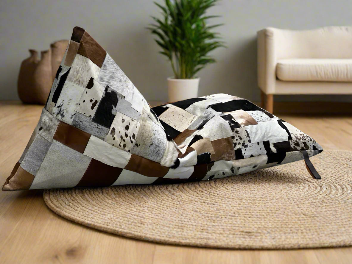 Luxe Cowhide Patchwork Beanbag Cover – Artisan-Made Leather Lounge Shell
