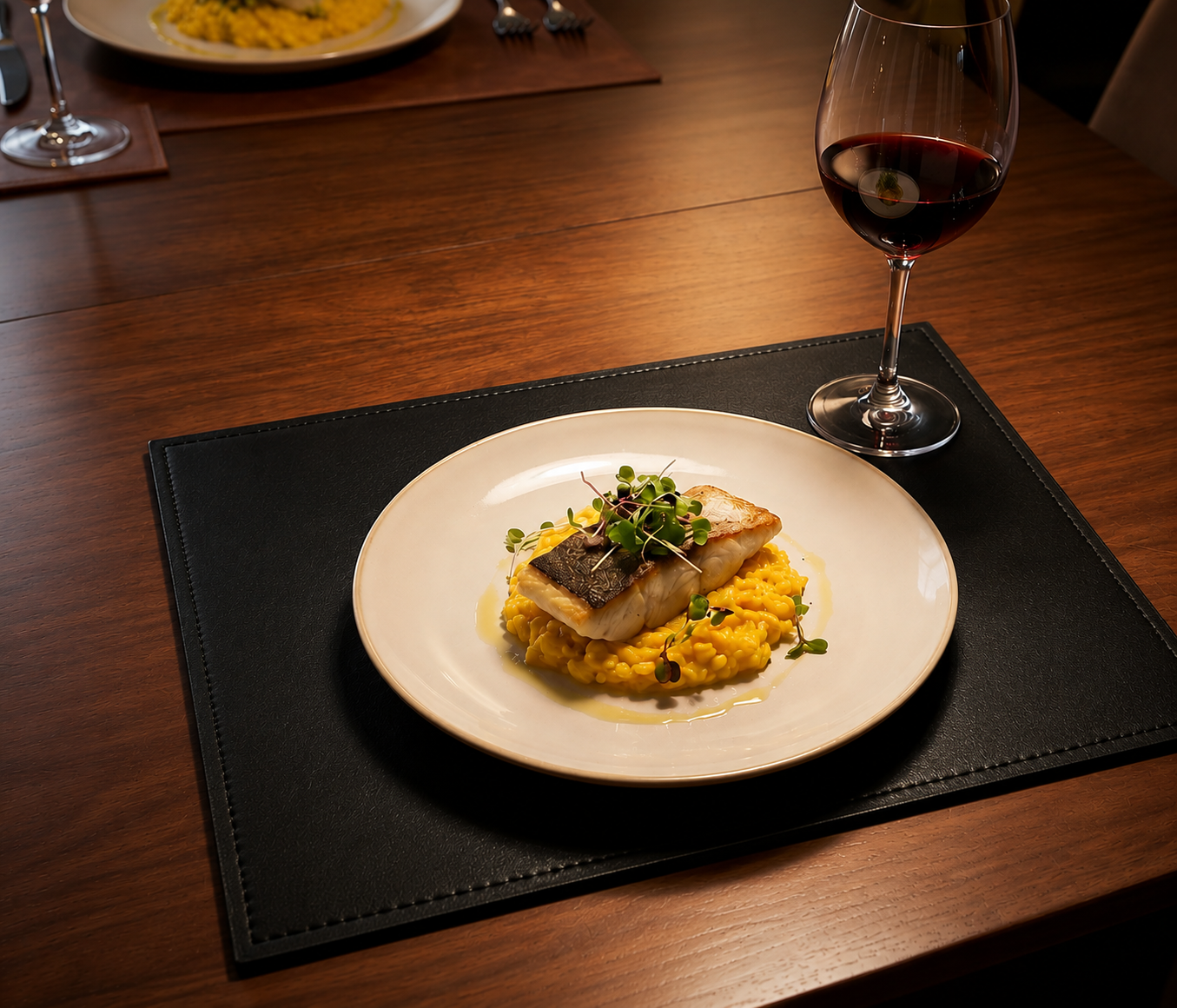 Dinner setting with a plate of food and a glass of red wine on a wooden table.