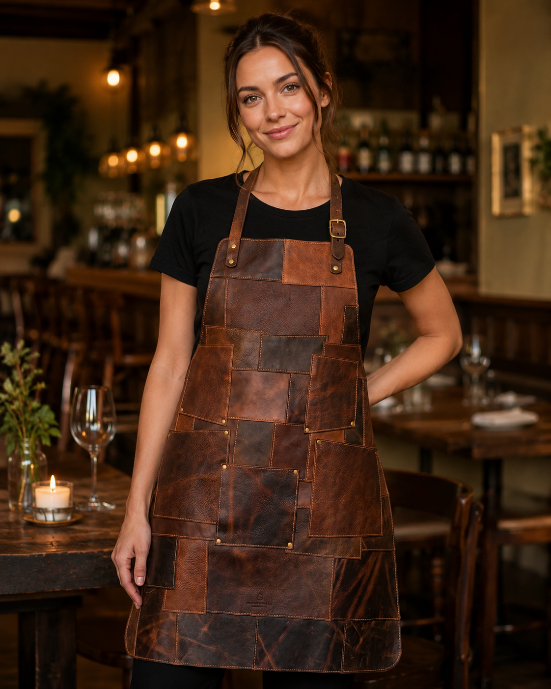 brown leather apron patchwork design close up texture