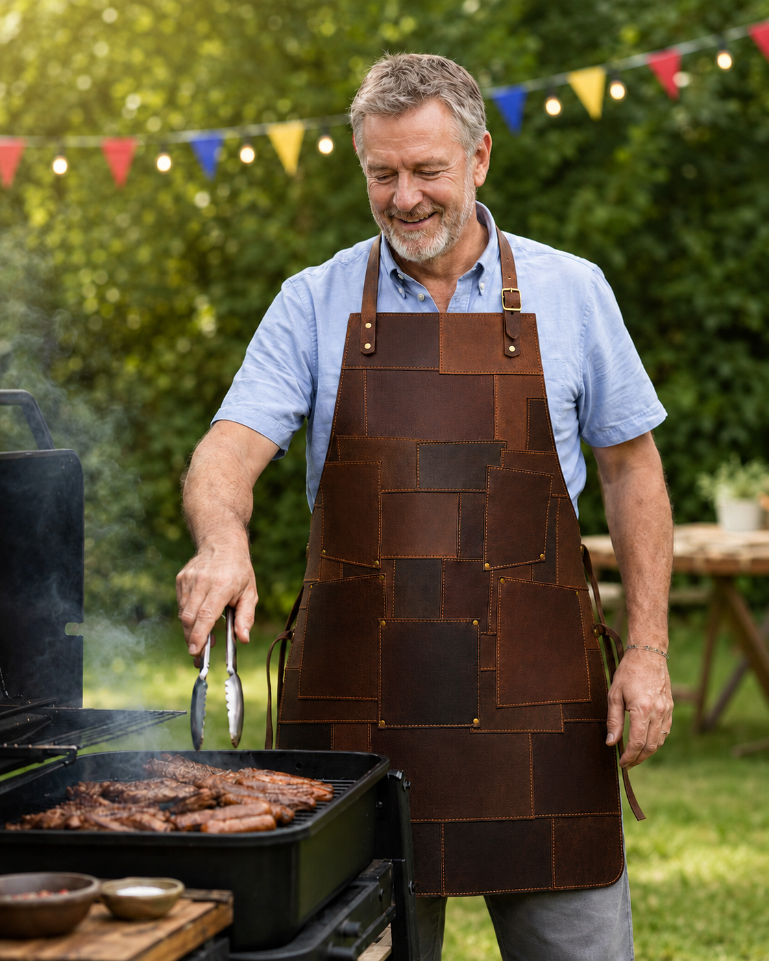 Man grilling outdoors wearing a brown leather apron with a garden background.