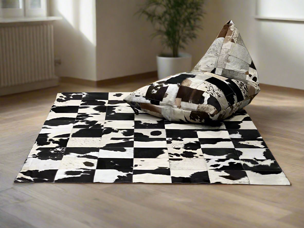 Checkerboard Cowhide Patchwork Rug – Handcrafted Natural Leather
