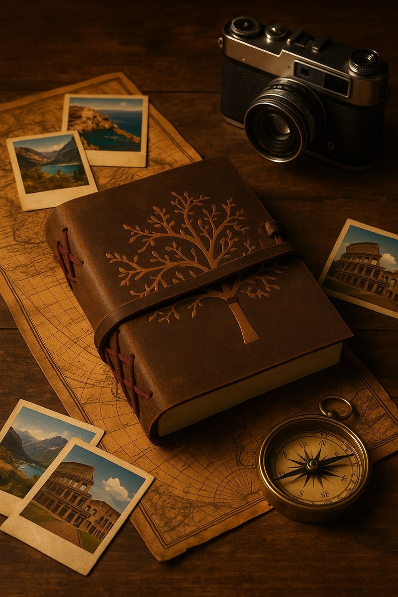 Vintage-style leather journal displayed with travel accessories including compass, photos, and camera