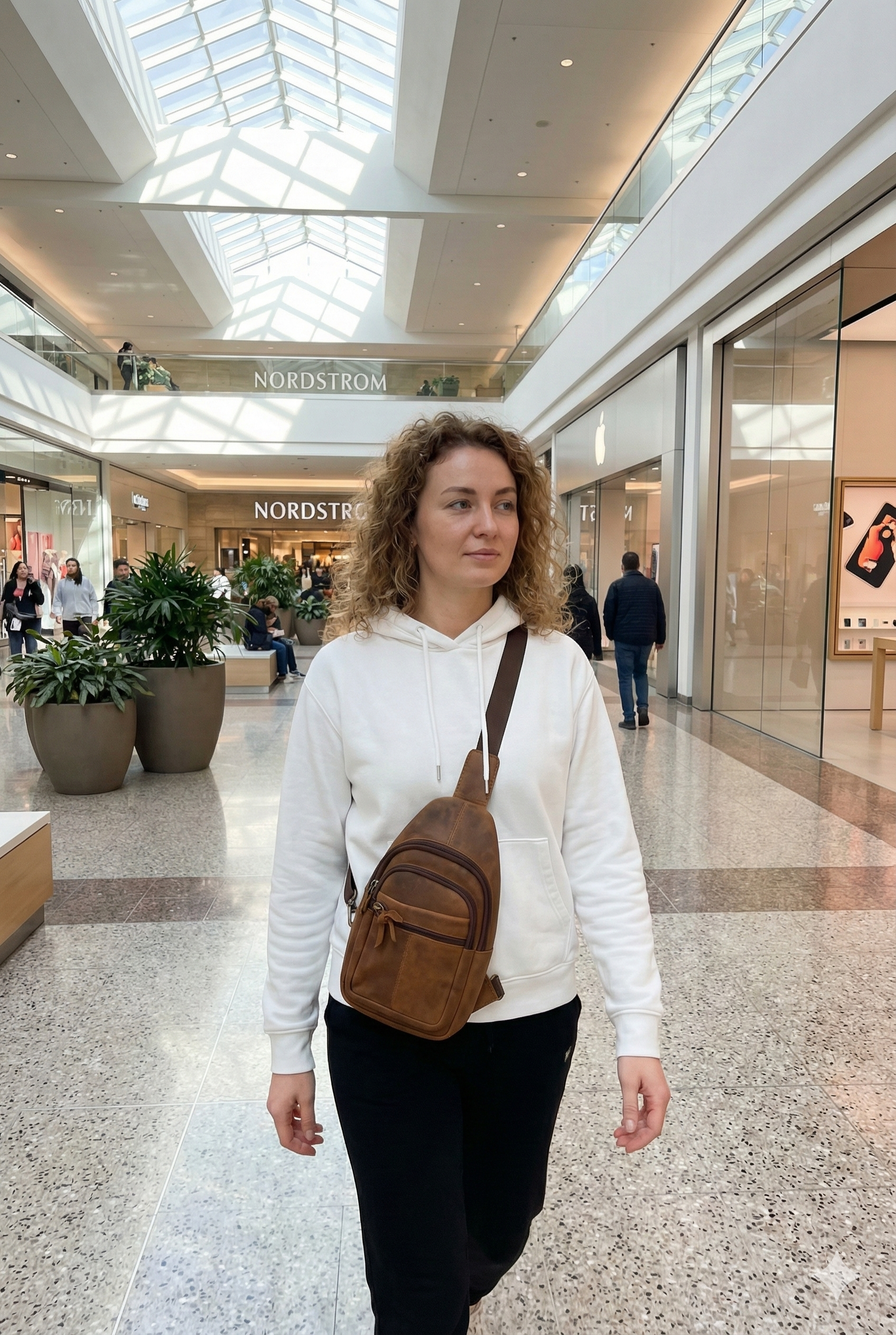“Woman wearing vintage brown leather chest sling bag in shopping mall”