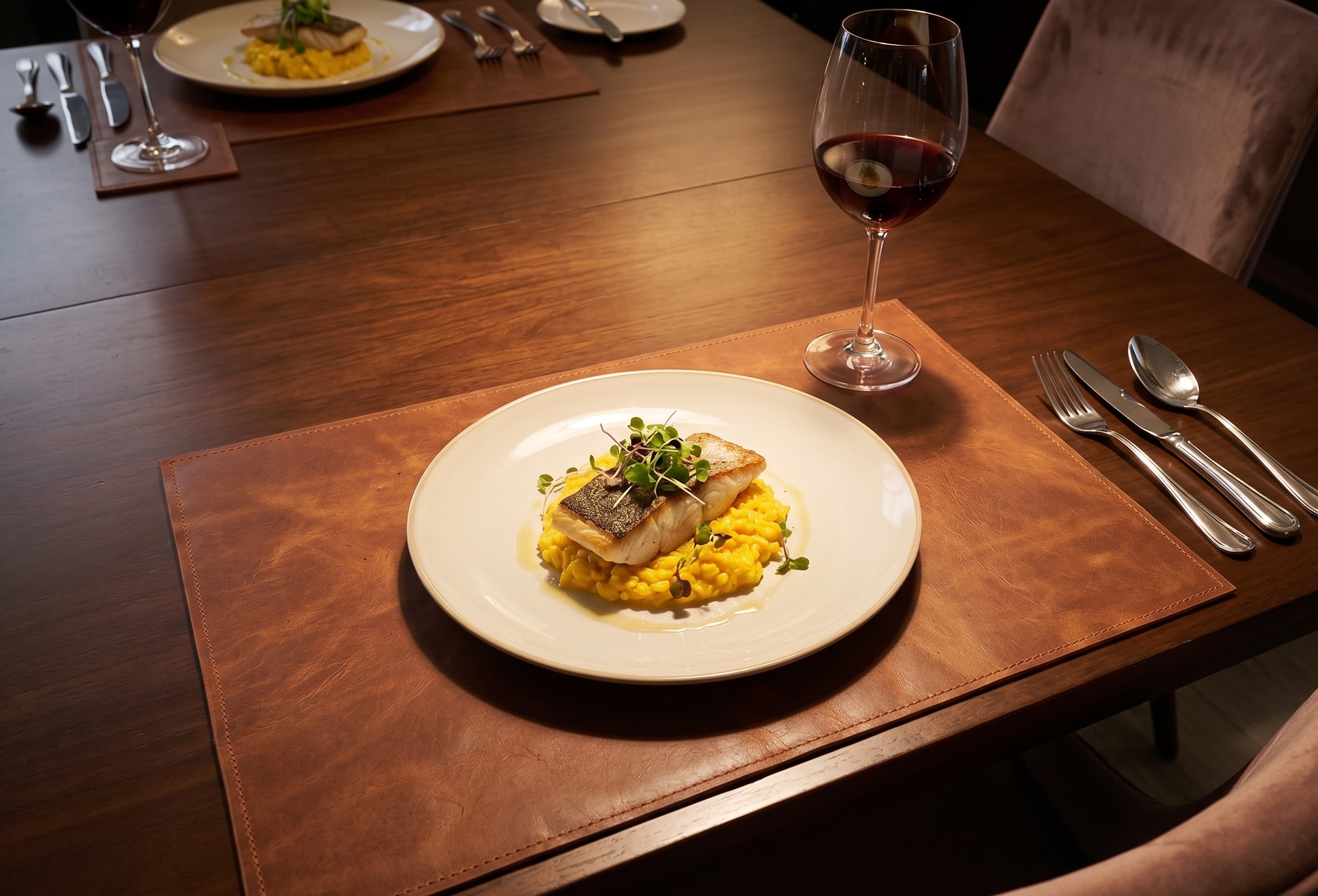 Premium leather table placemat with dining setup and wine glass
