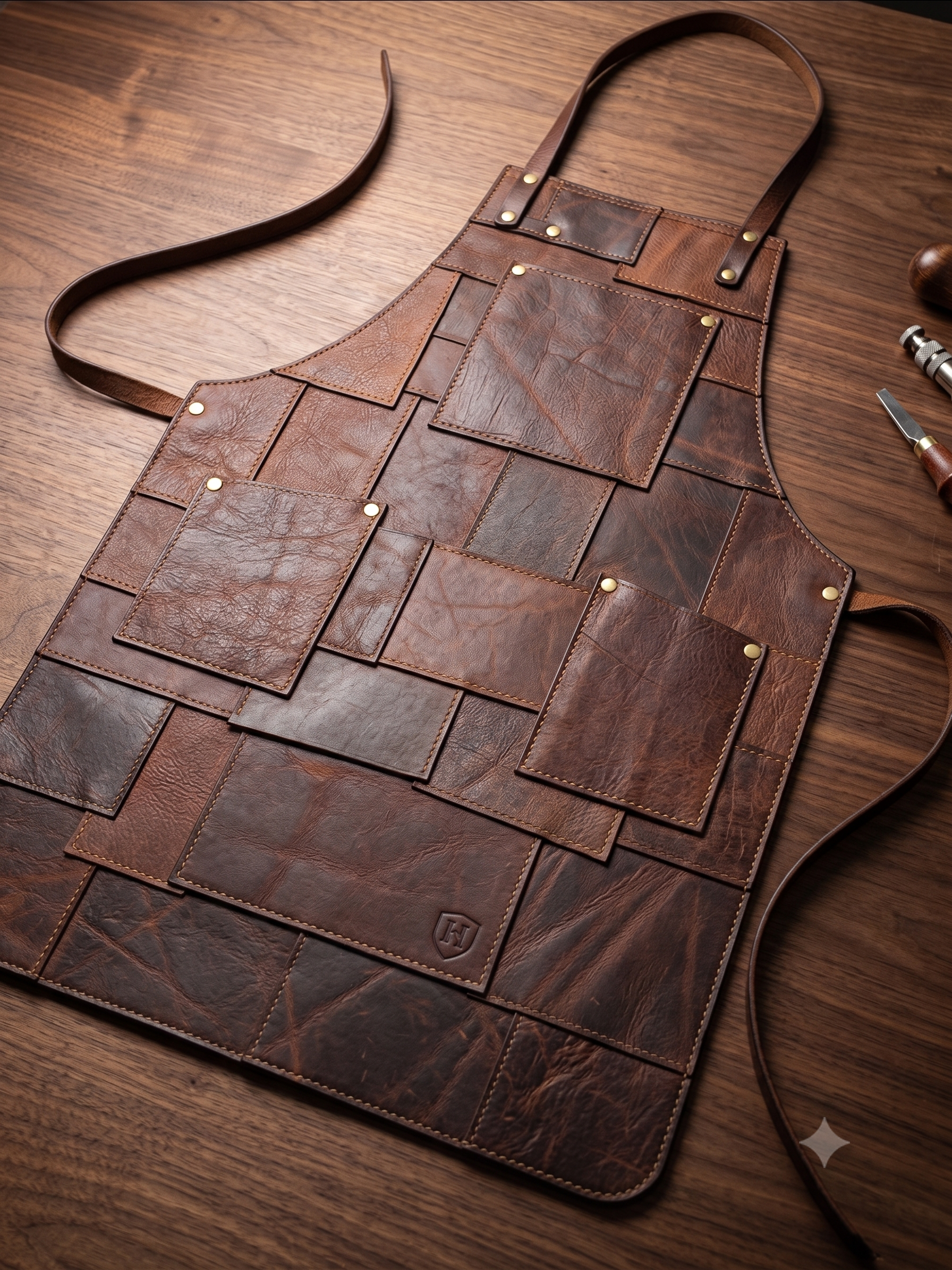Brown leather apron with patchwork design on a wooden surface