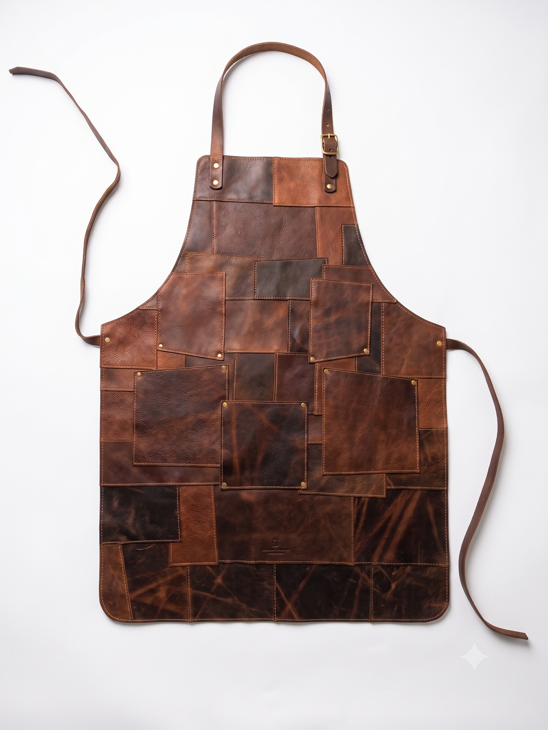 Brown leather apron with patchwork design on a white background