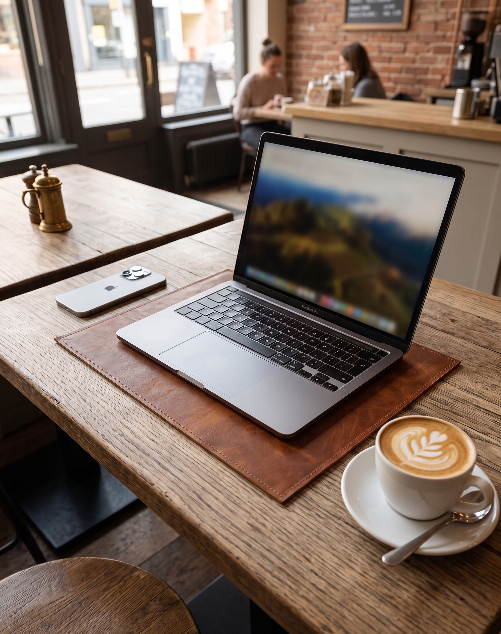 Brown leather desk mat with laptop workspace setup