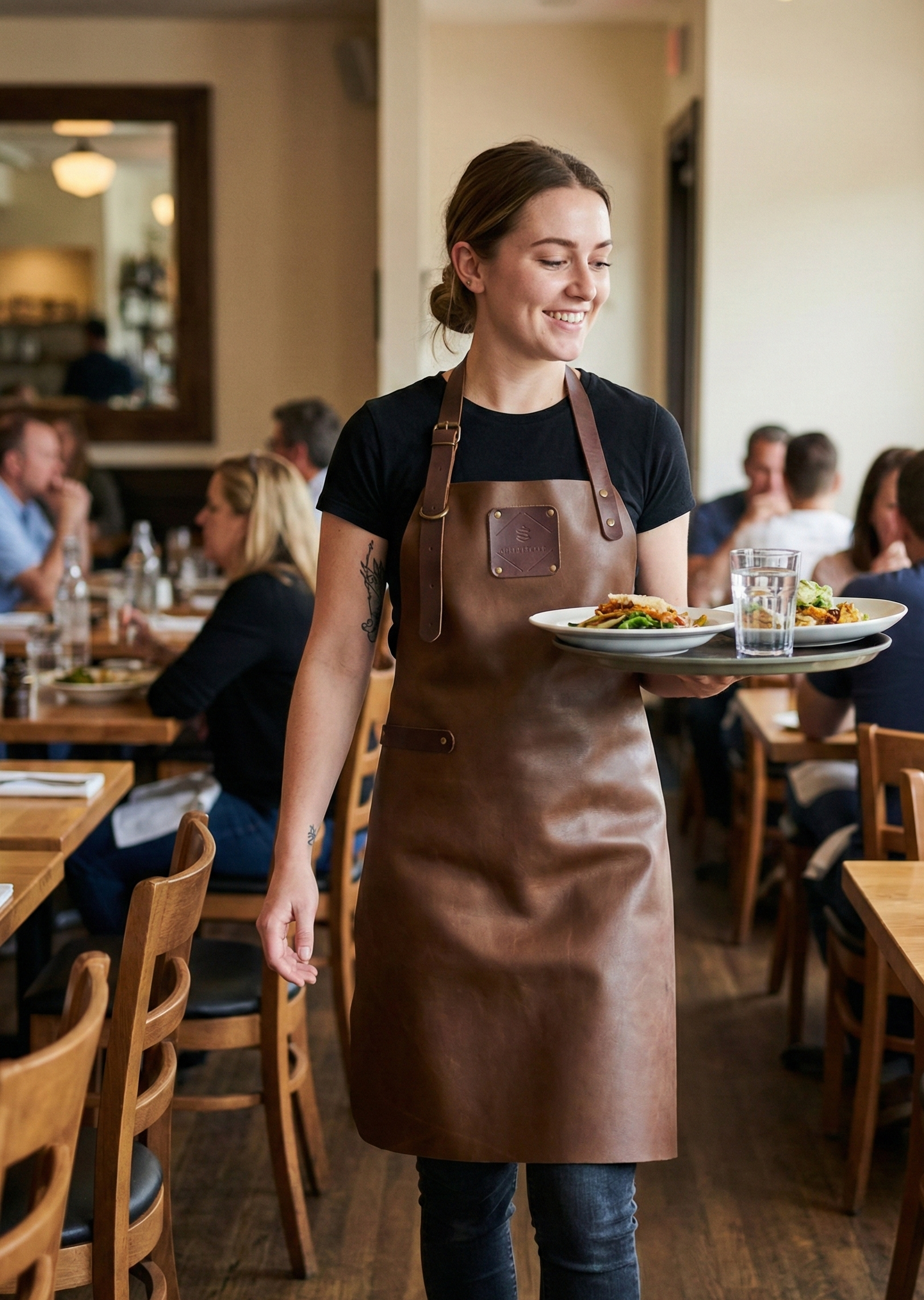 "Female waitress serving food in a restaurant wearing a brown leather apron with an embossed Melbourne Leather Co logo."