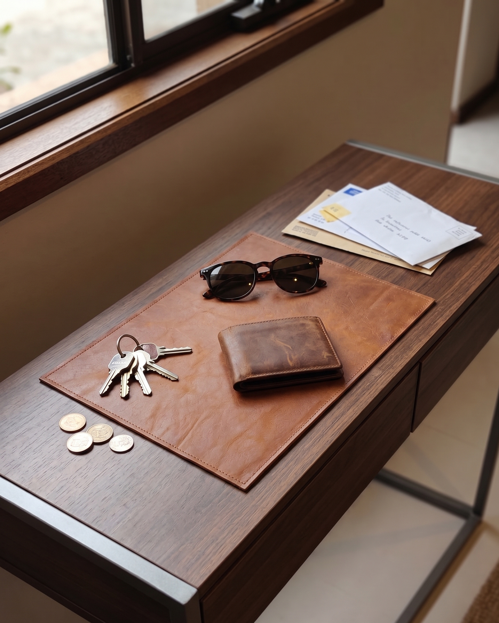 Multi purpose leather mat with wallet, keys and accessories