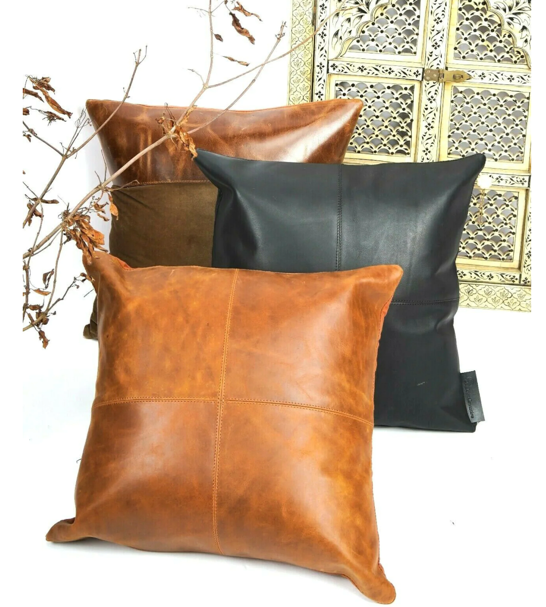Cowhide Tan Leather Cushion Cover