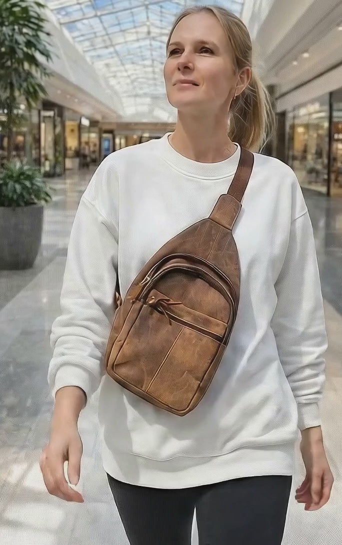 “Model walking through a shopping mall wearing a vintage brown leather chest sling bag crossbody.”