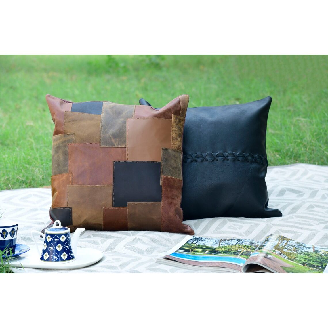 Melbourne Leather Co Genuine Leather Patchwork Cushion Cover Pillow Cover Leather Pillow Leather Cushion Vintage Leather Tan Pillow Cover - LCC05