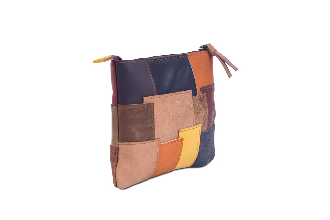 Melbourne Leather Co Genuine leather patchwork clutch, leather zipper clutch, tool pouch, leather clutch, leather zipper bag, leather travel bag, iPad case - LB32