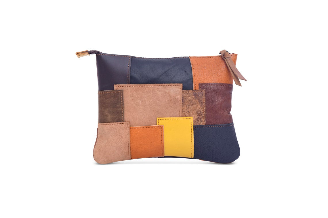 Melbourne Leather Co Genuine leather patchwork clutch, leather zipper clutch, tool pouch, leather clutch, leather zipper bag, leather travel bag, iPad case - LB32