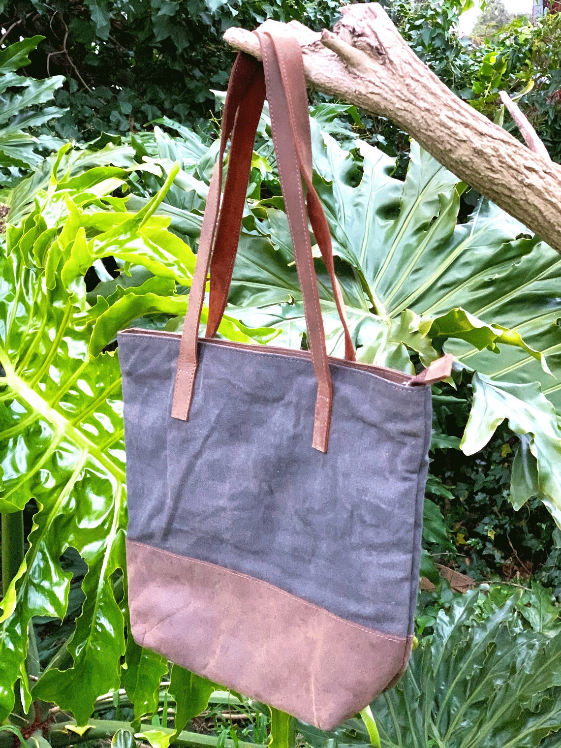 Melbourne Leather Co Waxed Canvas Genuine Cowhide Leather Tote Bag Laptop Bag Leather Tote Gift for her Leather Tote Laptop Bag Birthday Anniversary Gift - LB14