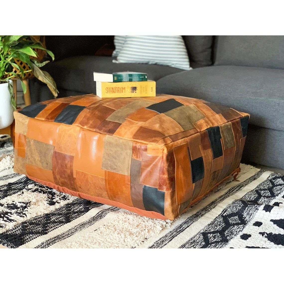 Melbourne Leather Co Amazing square Ottoman, Moroccan pouf, ottoman pouf, Patchwork floor cushion, leather pouf ,gift, wedding, vintage, yoga, meditation cushion - OPF01