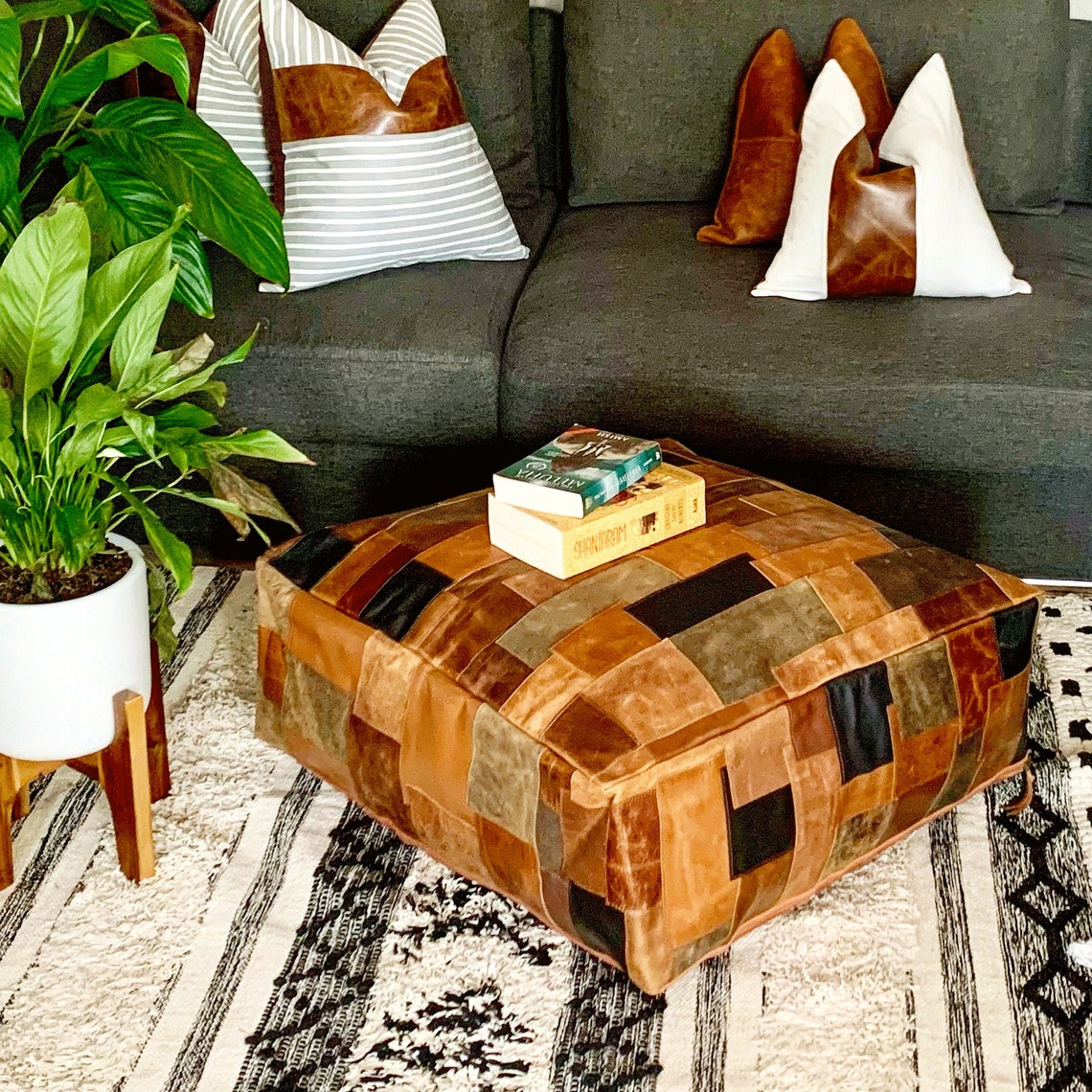 Melbourne Leather Co Amazing square Ottoman, Moroccan pouf, ottoman pouf, Patchwork floor cushion, leather pouf ,gift, wedding, vintage, yoga, meditation cushion - OPF01