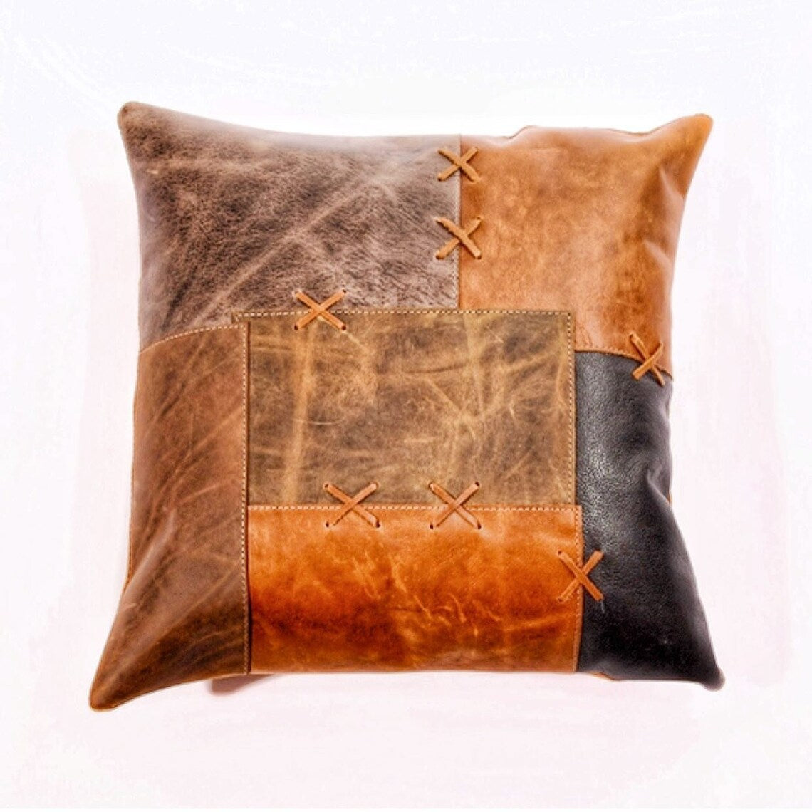 Melbourne Leather Co Genuine Leather Cushion Tan Leather Cushion Patchwork Cushion Gift Decorative Pillow Gift for Her Handmade 45*45cm - LCC04