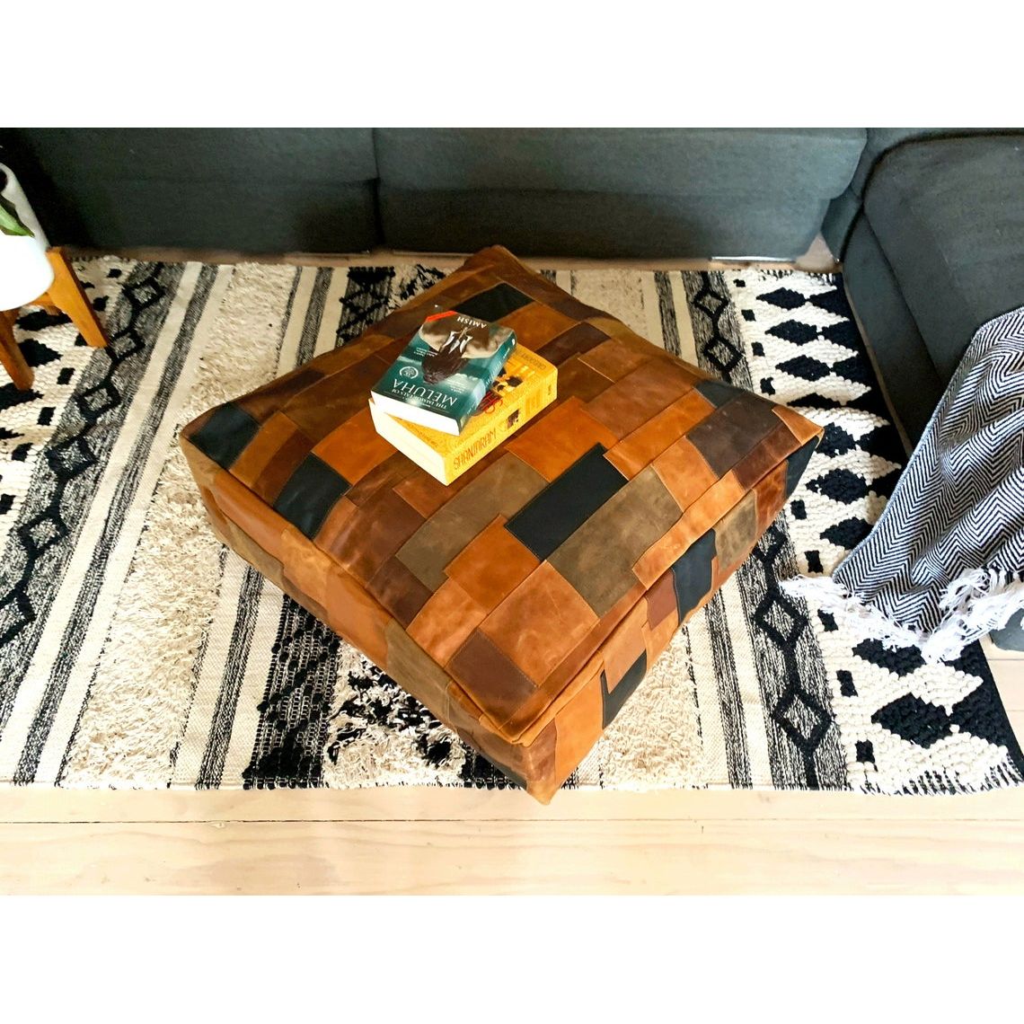 Melbourne Leather Co Amazing square Ottoman, Moroccan pouf, ottoman pouf, Patchwork floor cushion, leather pouf ,gift, wedding, vintage, yoga, meditation cushion - OPF01
