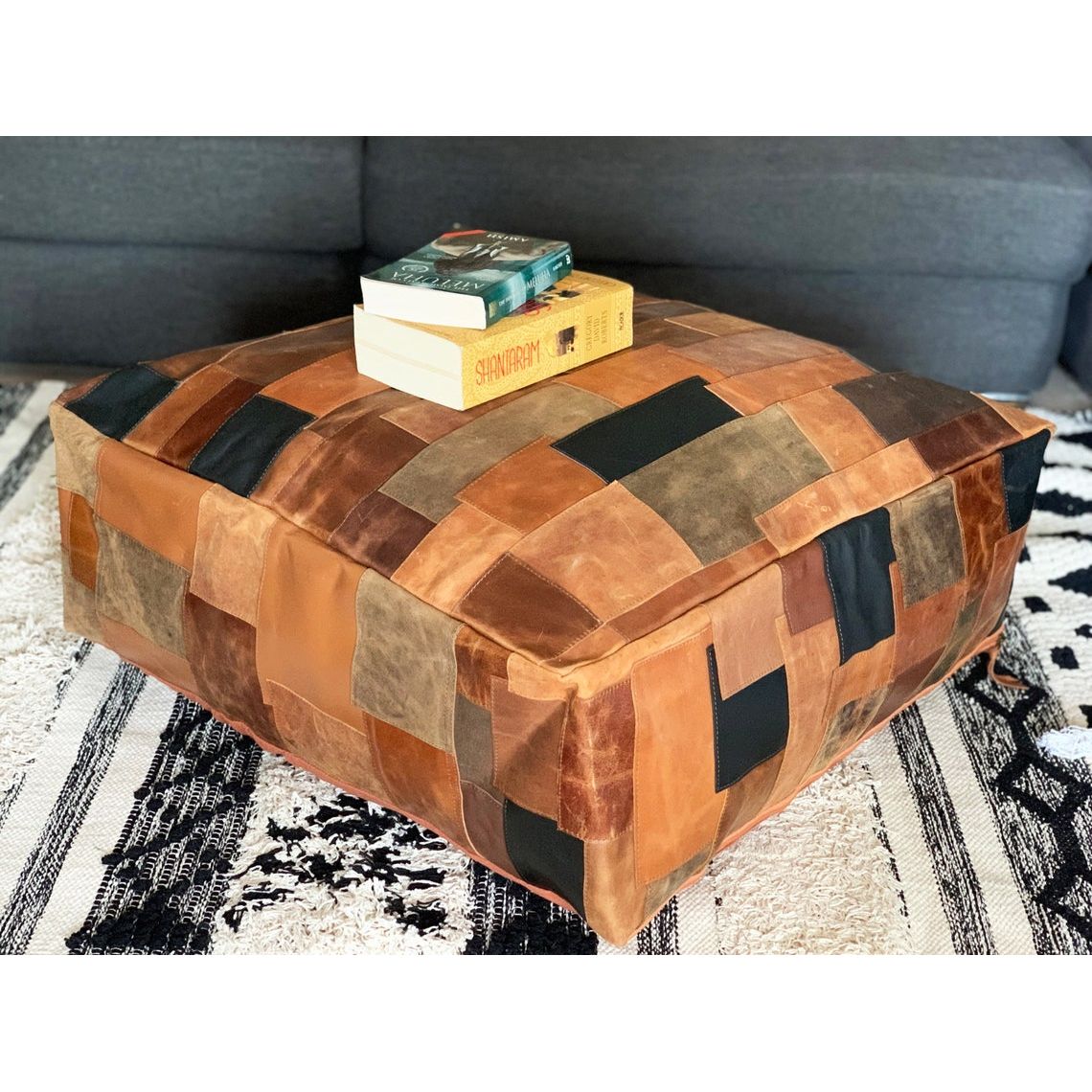 Melbourne Leather Co Amazing square Ottoman, Moroccan pouf, ottoman pouf, Patchwork floor cushion, leather pouf ,gift, wedding, vintage, yoga, meditation cushion - OPF01