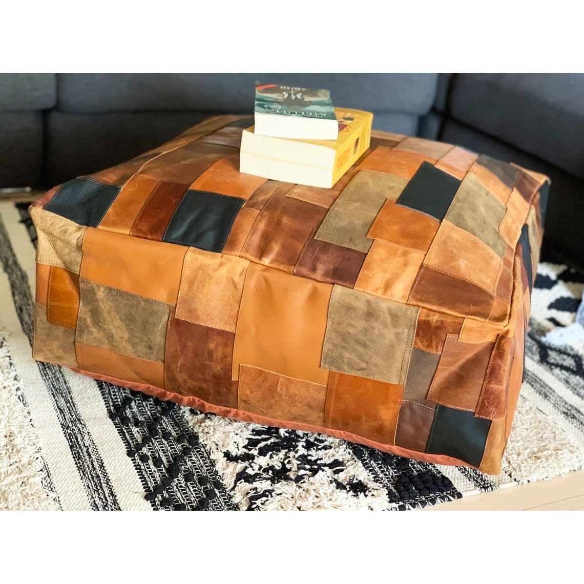 Melbourne Leather Co Amazing square Ottoman, Moroccan pouf, ottoman pouf, Patchwork floor cushion, leather pouf ,gift, wedding, vintage, yoga, meditation cushion - OPF01