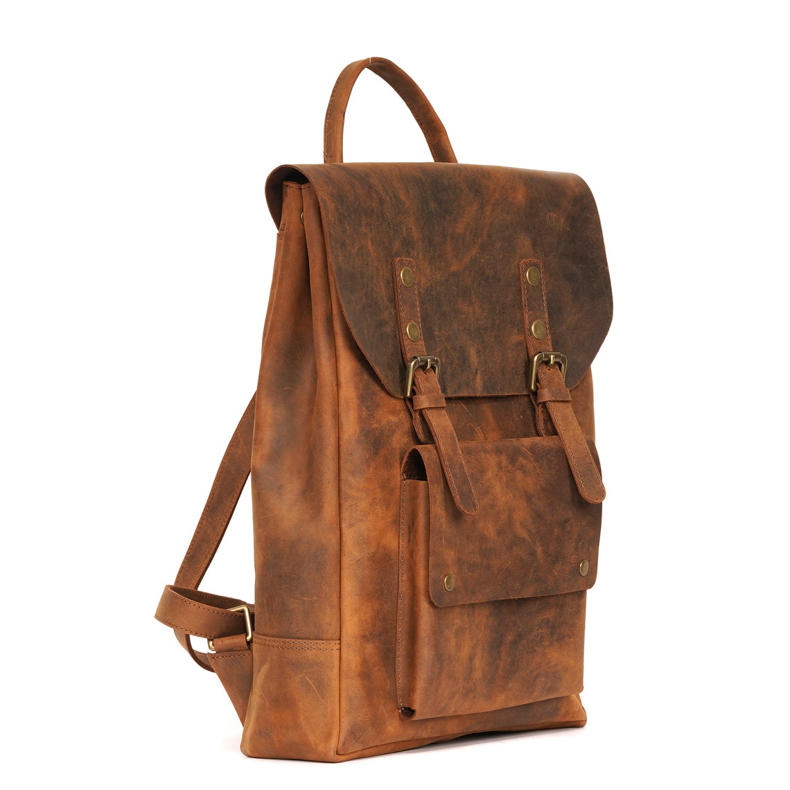 Melbourne Leather Co Handcrafted LEATHER BACKPACK in cognac tan brown Colour with LINING / Citi Rucksack - with two front pockets - LB05