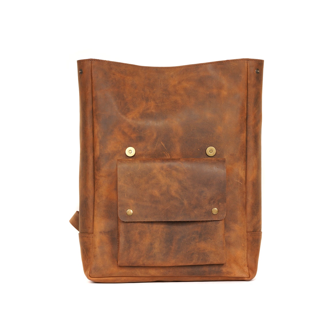 Melbourne Leather Co Handcrafted LEATHER BACKPACK in cognac tan brown Colour with LINING / Citi Rucksack - with two front pockets - LB05