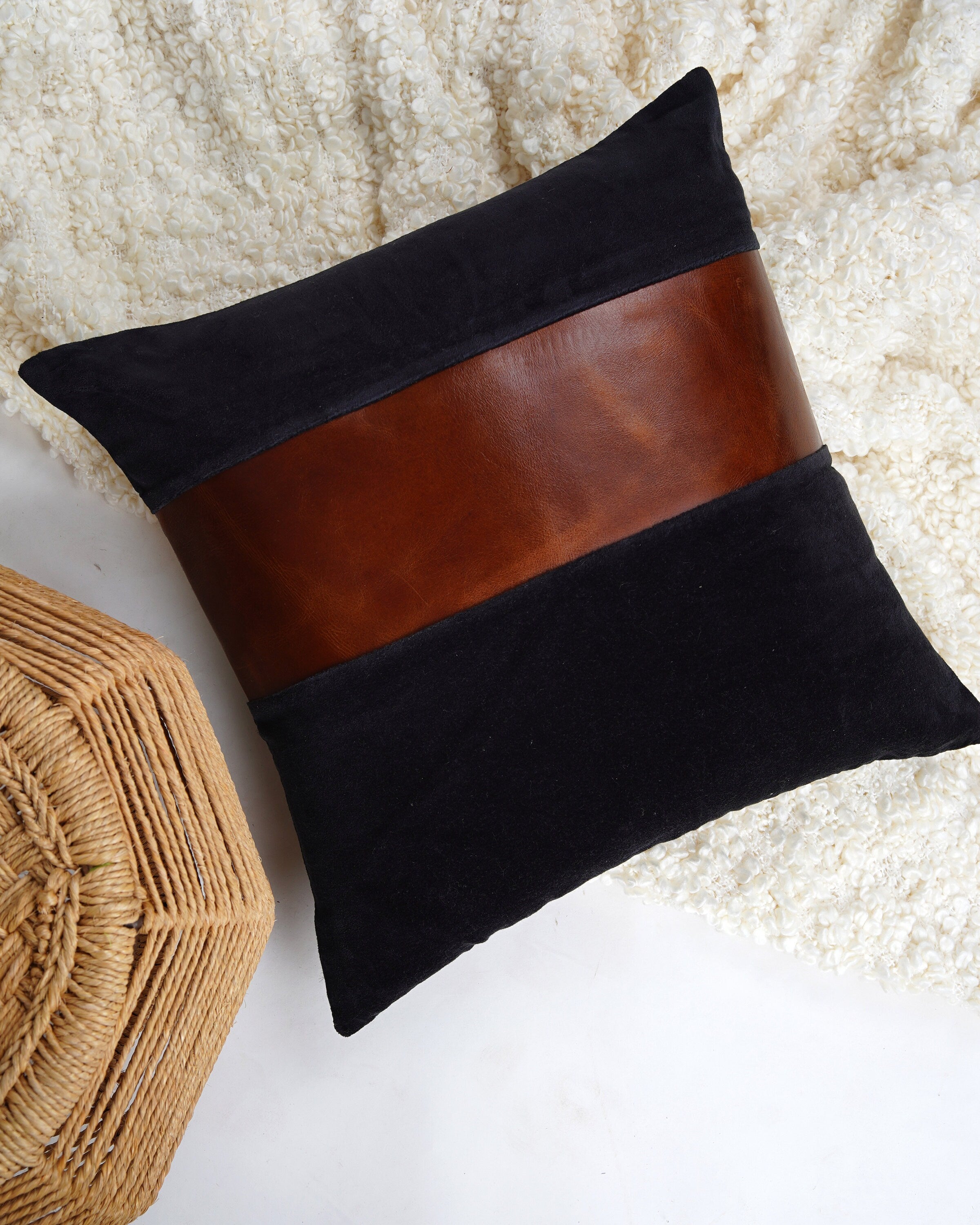 Set of 2 - 50*50cm Leather Patch Black Velvet Cushion Covers.