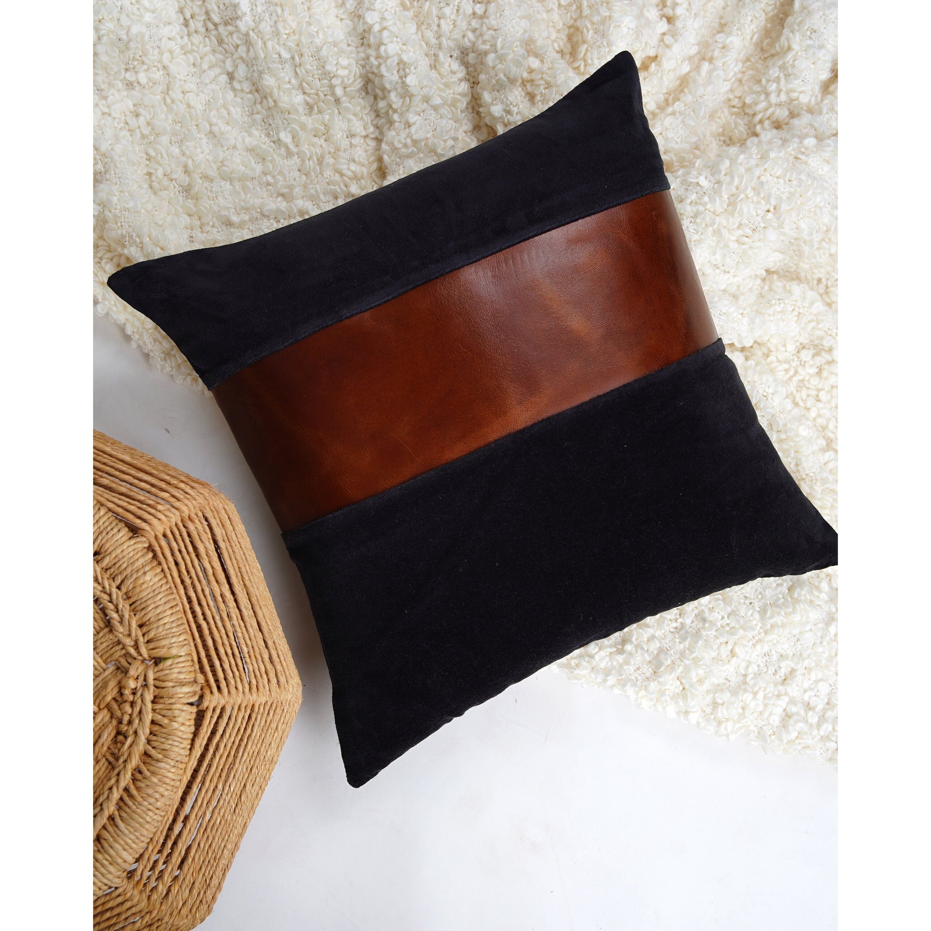 Set of 2 - 50*50cm Leather Patch Black Velvet Cushion Covers.