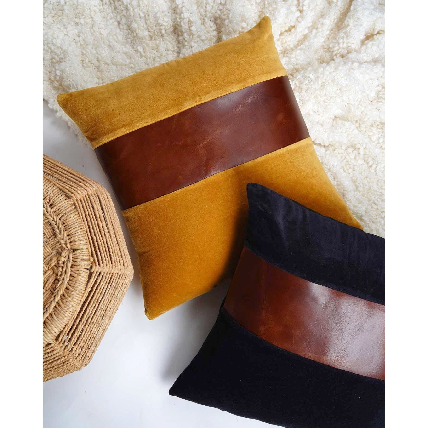 Set of 2 - 50*50cm Leather Patch Black Velvet Cushion Covers.